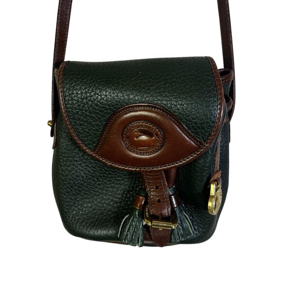 Vintage Dooney & Bourke AWL Mini Tassel Crossbody Green Brown Leather Timeless - Picture 2 of 7